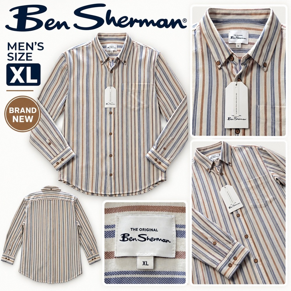 Ben Sherman Mens XL Striped Long Sleeve Button Down Shirt Blue Tan Cream NWT
